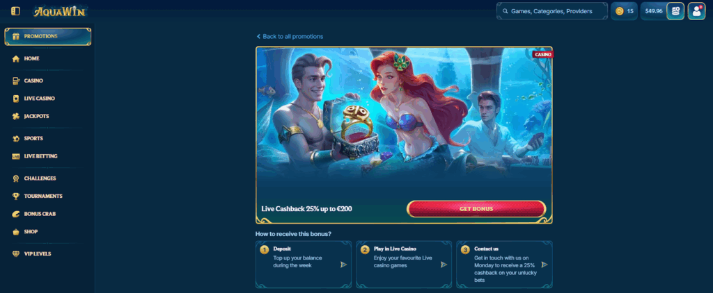AquaWin Casino Cashback Bonuses