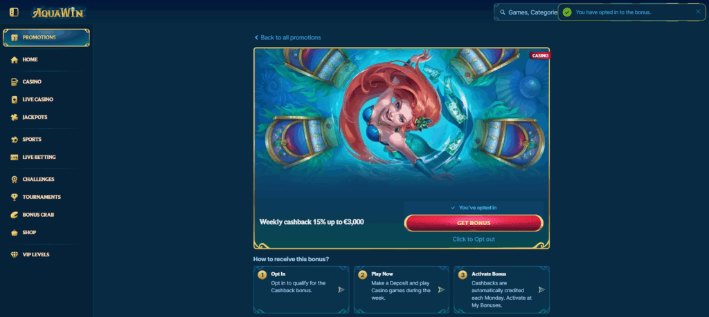 AquaWin Casino Cashback promotion