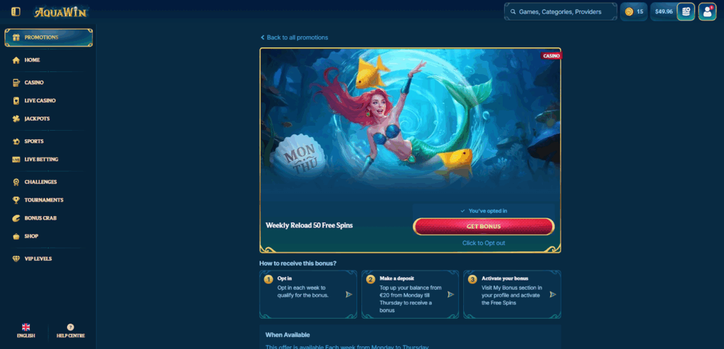 AquaWin Casino Reload Bonuses