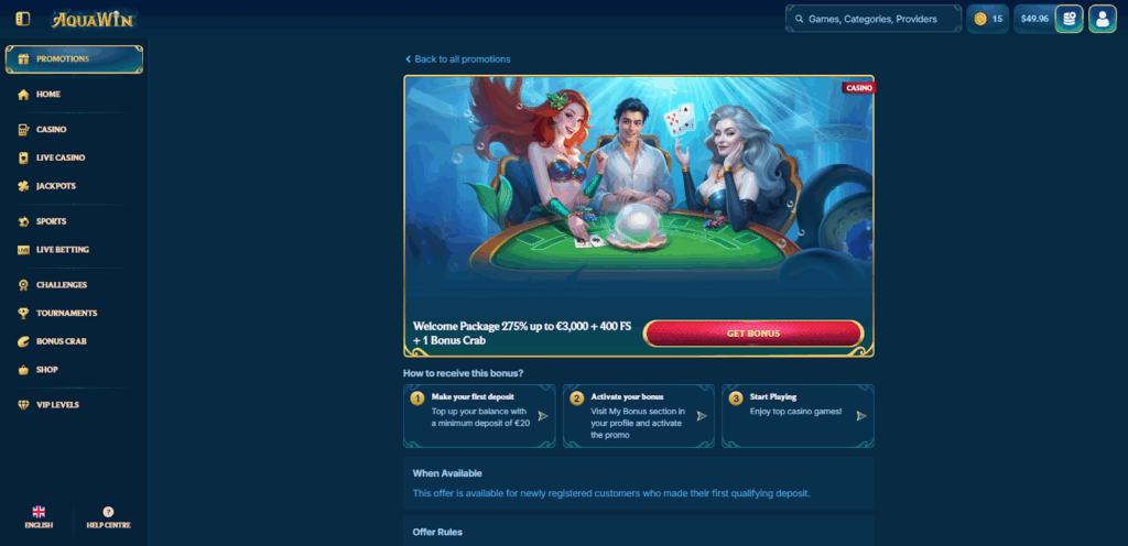 AquaWin Casino Welcome bonus